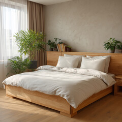 Jasna, minimalistyczna sypialnia z drewnianym łóżkiem i beżową pościelą. Naturalne światło rozjaśnia wnętrze, tworząc spokojną i relaksującą atmosferę.