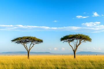 Obraz premium Serene savanna vista featuring iconic acacia trees under expansive blue skies