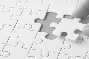 Hand places the final puzzle piece completing a light colored jigsaw