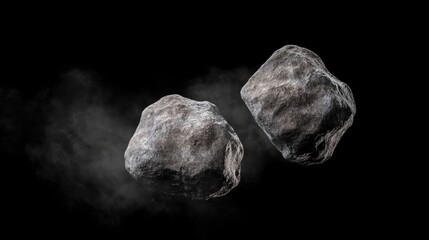 Two gray rocks suspended in mid-air against a black background.