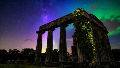 Fototapeta premium Ancient Stone Ruins Under Night Sky with Aurora Borealis