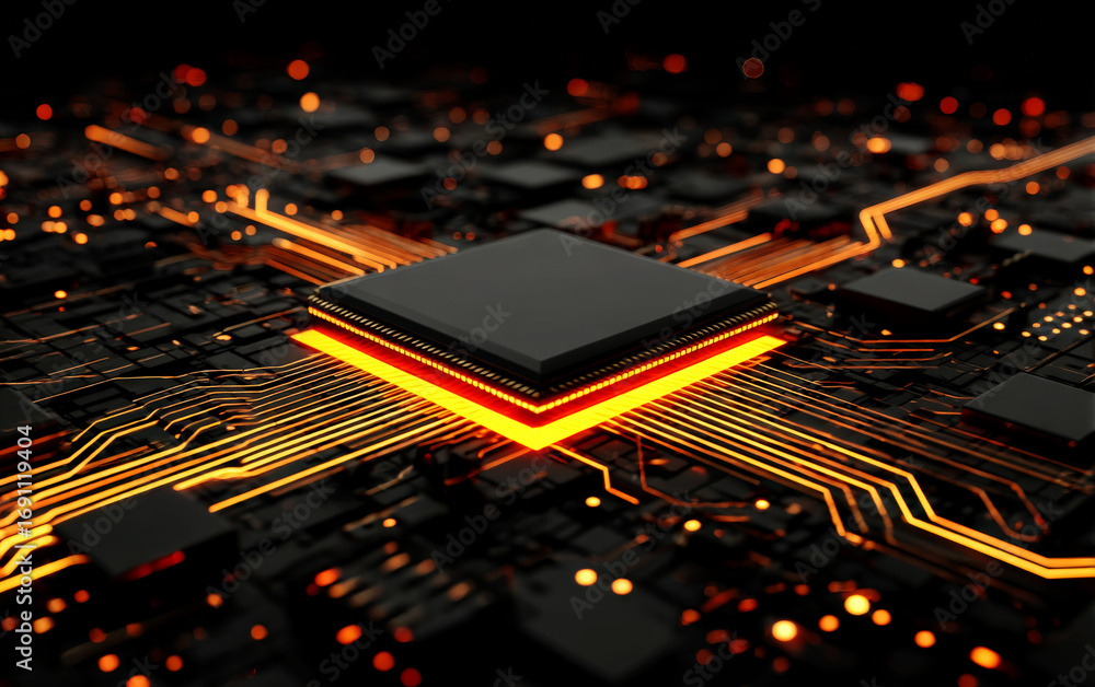 Poster high-tech circuit board with glowing cpu and intricate wiring
