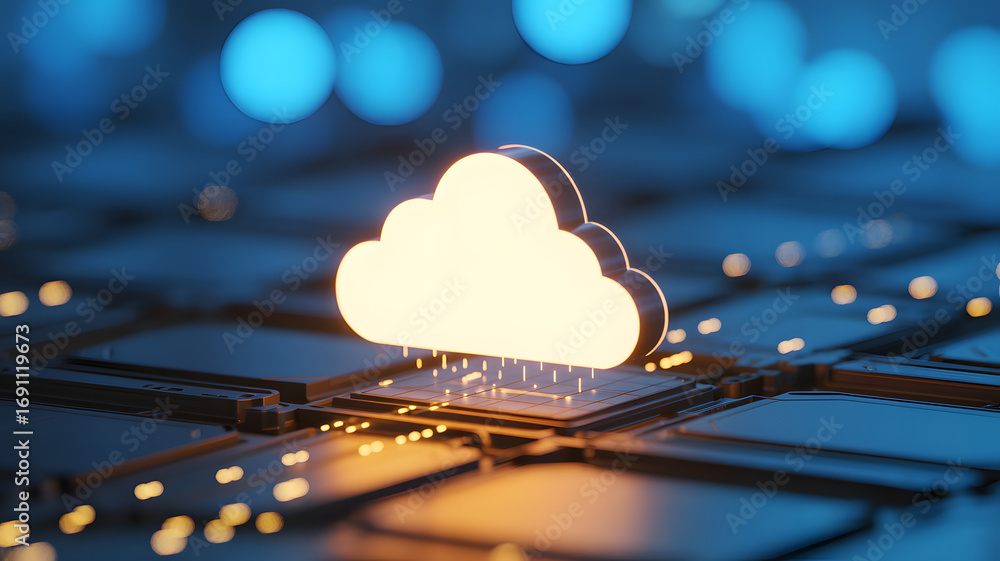 Aufkleber cloud computing technology: a luminous cloud icon floats above intricate microchips and circuit boar