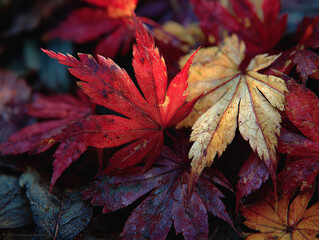 Zbliżenie na kolorowe, jesienne liście klonu. Widać różne odcienie czerwieni, purpury i żółci. Liście tworzą mozaikę barw.