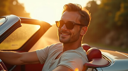 Happy man with sunglasses driving a convertible car in golden hour light graphic design