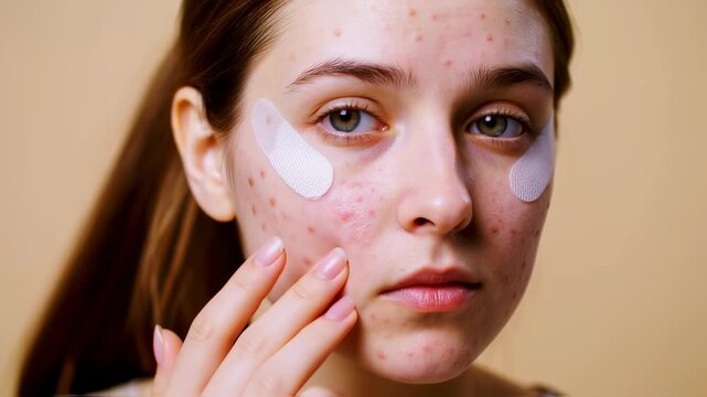 Acne Treatment: Young Woman Applying Cream to Face for Skincare