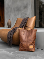 Stylish brown leather tote bag rests beside a modern curved chair with a cozy blanket, creating a chic and inviting atmosphere in a contemporary interior design setting