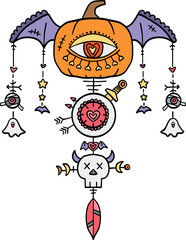 halloween illustration. Whimsical Halloween-themed illustration combining pumpkin, skull, and spooky charms. retro trendy halloween in doodle pastel color style