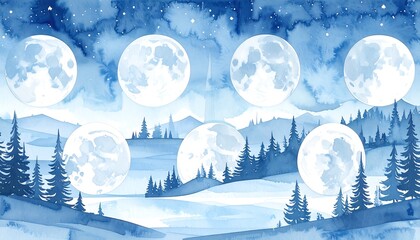 Watercolor moonscape with landscape
