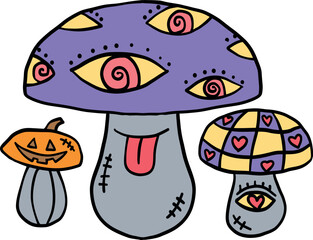 halloween cute cartoon. Three colorful, cartoon-style mushrooms with unique patterns and faces. retro trendy halloween in doodle pastel color style