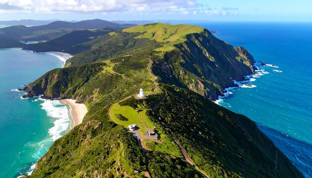 Aerial view of a rugged coastline with a lighthouse