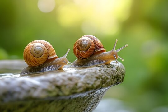 Two terrestrial pulmonate gastropod molluscs traversing a stone water feature
