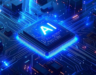 Futuristic artificial intelligence concept with a glowing blue AI chip at the heart of a complex digital circuit board