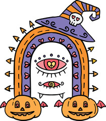 halloween cute cartoon. Halloween-themed whimsical monster with pumpkins and a witch hat. retro trendy halloween in doodle pastel color style