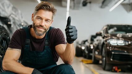 A male auto mechanic in a work uniform sits in a car service and gives a thumbs up. Suitable for advertising car repair and maintenance services.