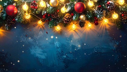 Festive Christmas background with a decorative garland of glowing lights, red and gold baubles, and fir branches on a dark blue snowy texture