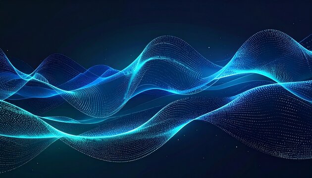 Futuristic technology concept featuring glowing blue digital waves and flowing particles on a dark abstract background