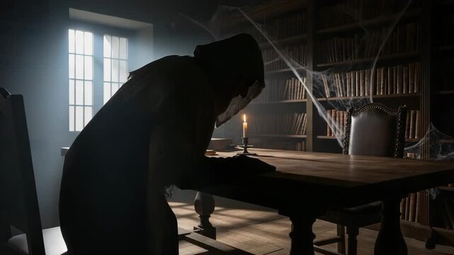 Mysterious dramatic figure in a cloak leans over a table lit by a candle. Hooded monk sits at a table in an old library full of old books. Place for detectives, mysticism, fantasy, history and horror.