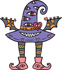 halloween cute cartoon. Whimsical purple witch hat with eyes, striped legs, boots, and bat wings. retro trendy halloween in doodle pastel color style