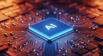 Glowing ai chip at the center of a complex technological circuit board