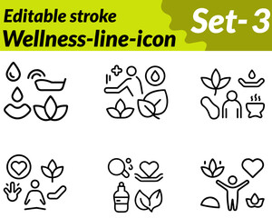 Wellness set line icon. character designed with calming symbols like a lotus flower meditating person or balanced stones. Surrounded by soft  such as leaves heart or sun rays to represent and vitality