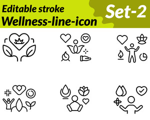 Wellness set line icon. character designed with a meditating figure lotus flower. or stacked stones symbolizing balance and inner peace. Surrounded by calming details like leaves heart soft sun rays.