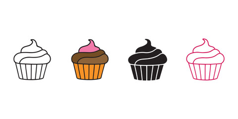 Minimalist Cupcake Icon Set – Bakery, Dessert, and Celebration Symbols in Flat, Outline, and Color Variants for Food Apps, Sweet-Themed UI, and Graphic Design Use