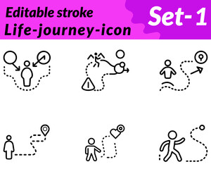 An inspiring icon showing a winding path through mountains. and valleys with a rising sun and footsteps symbolizing personal growth, experiences challenges and the continuous journey of life.