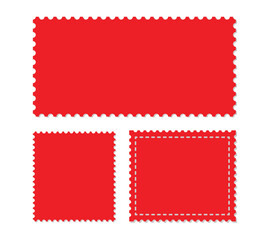 Collection of three blank red decorative postage stamps with perforated edges for crafting