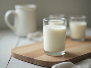 焦点が合った木製の表面にあるグラスに入った乳白色の飲み物、静物写真