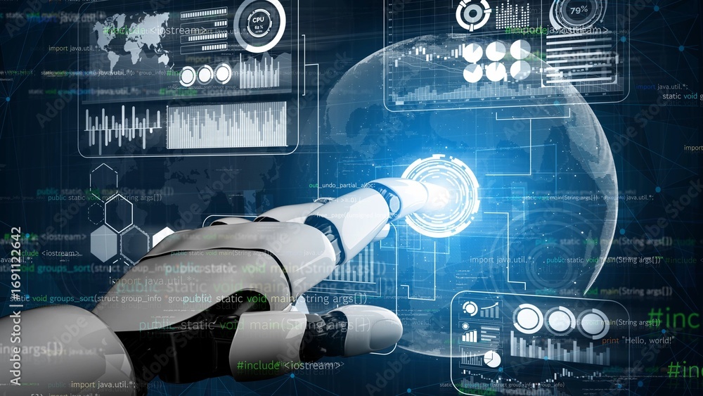 Poster a robotic hand points towards a glowing digital interface, showcasing data visualizations and global