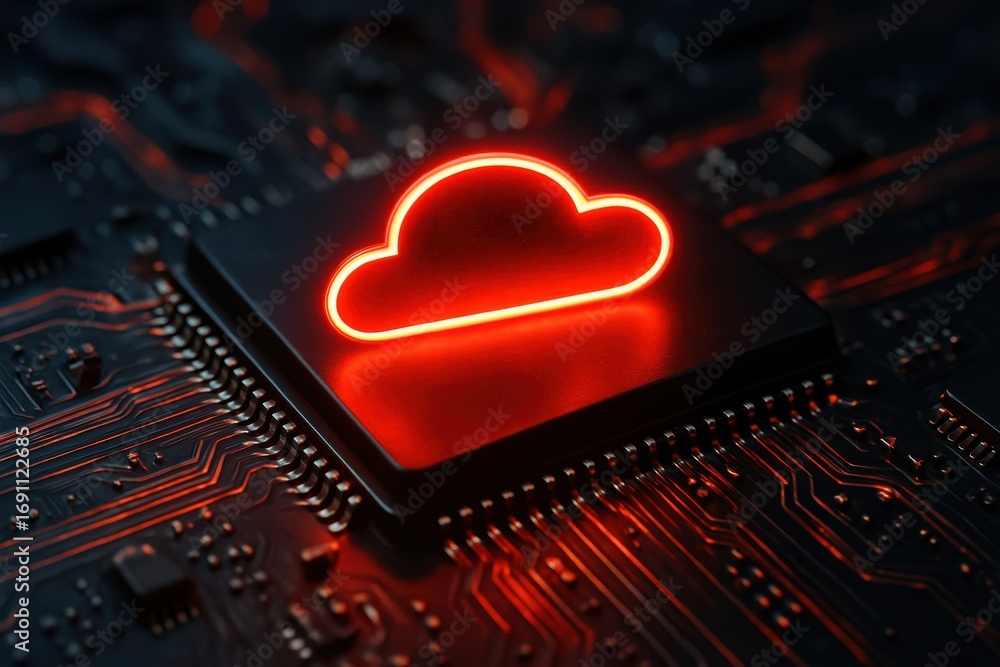 Poster cloud server: a futuristic, neon-lit cloud symbol glows against the intricate pathways of a microchi
