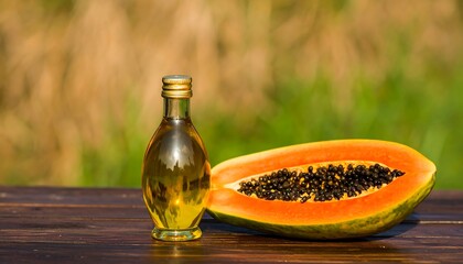 Papaya oil bottle on wooden surface