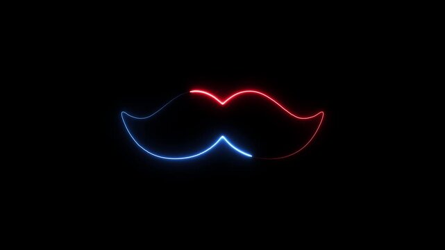 Vibrant neon mustache outline glowing red and blue against a dark background abstract symbol of masculinity style