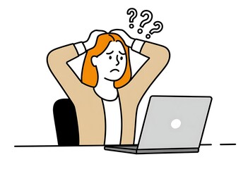 Confused woman looking at laptop with question marks overhead depicting online learning issues and problem solving challenges