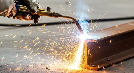 Closeup of a worker using a welding torch to cut metal with sparks flying