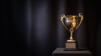 A gleaming gold trophy sits on a velvet stand, radiating achievement and prestige.