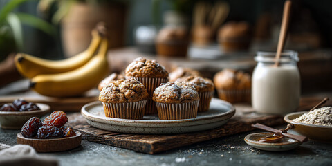 Fototapeta premium Prune-Banana Oat Bran Mini Muffins presented on a rustic wooden kitchen counter