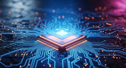 Abstract glowing digital circuit board with central processor and luminous blue data flow