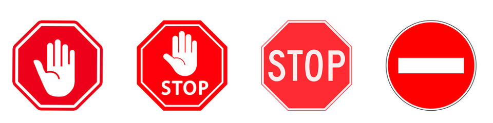 Various red stop signs with different designs are displayed in a row. These signs communicate warnings and instructions transparent background
