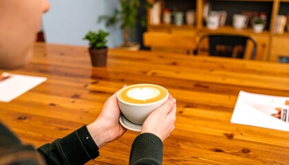 Latte art held in hands at a cafe table