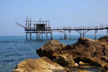 Wooden fishing hut on stilts in Abruzzo, Italy
