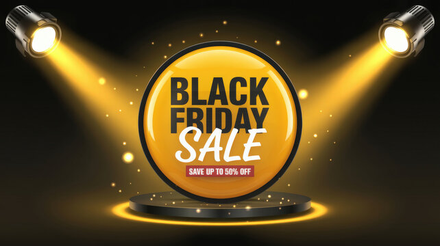 Spotlit Black Friday Sale Badge on Stage with 50 Percent Off Promotion for Commerce