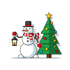 Festive Snowman with Lantern and Decorated Christmas Tree Illustration