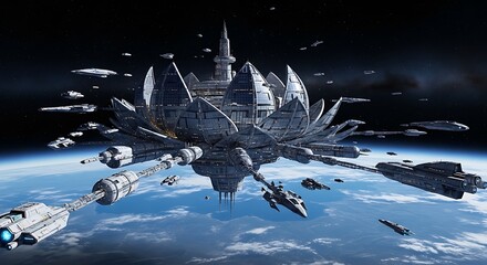 Space Station Orbiting Earth with Advanced Technology.