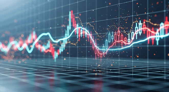 Financial market chart analysis showing stock market data with candlestick graph and line graph for investment strategy