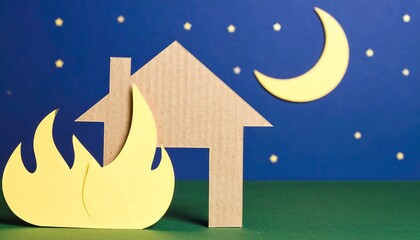 Paper cutout house on fire at night