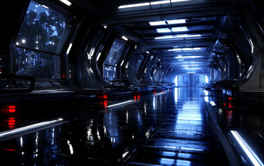 Fototapeta premium Futuristic Sci-Fi Corridor with Bright Lights and Reflective Surfaces