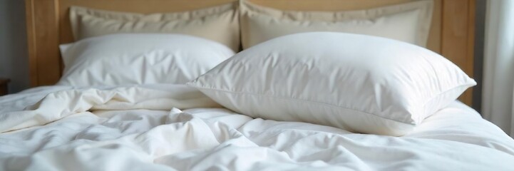 Soft, fluffy pillow resting on a crisp white duvet cover, ready for a peaceful night's sleep Perfect for relaxation, comfort, and home decor themes , crisp, cozy, tranquility