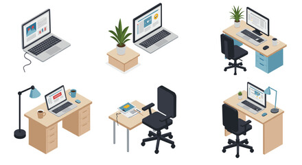 Isometric office desks and workstations with laptops and accessories